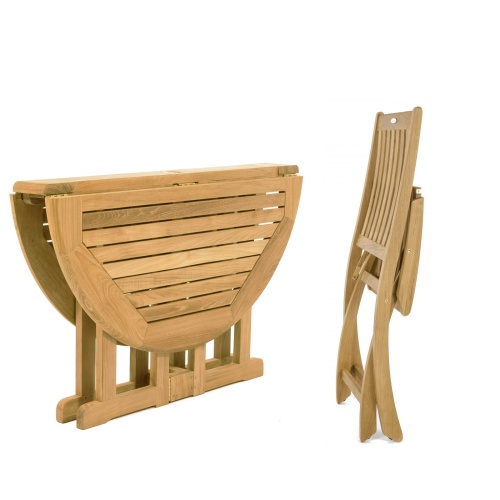 70036 Barbuda teak 48 inch diameter round folding table with both leaves folded and chair folded flat on white background