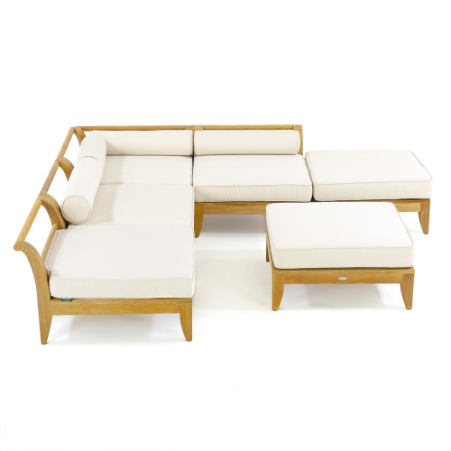 70121 Aman Dais 6 piece teak sectional set angled aerial view with canvas colored cushions on white background