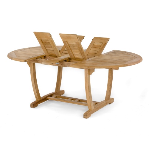 15548 Martinique Teak Table in side angled view showing butterfly leaves in v partially extended on white background