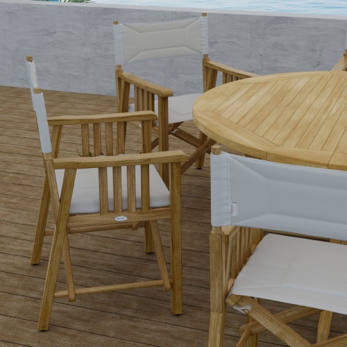 70362 Barbuda Director Teak Dining Set  showing closeup view of 3 chairs and table on patio
