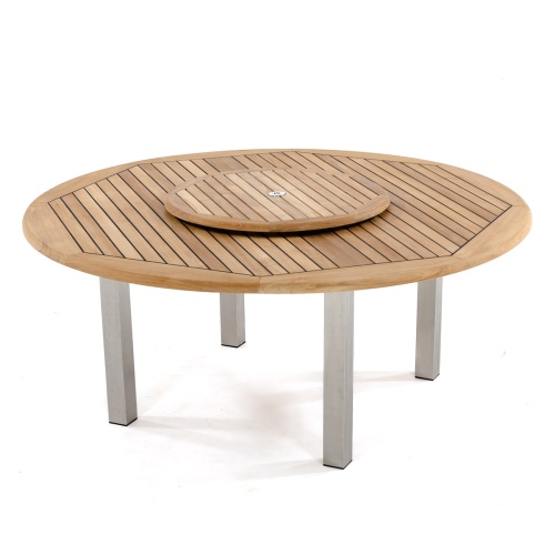 25015 Vogue teak and stainless steel 72 inch diameter round table side angled on white background