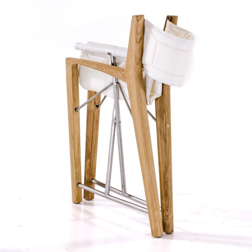 12915F Odyssey Teak Director Chair in marine gloss finish folded flat for storage in angled side view on white background