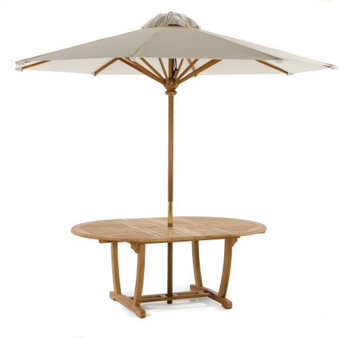15548 Martinique Teak Extension Table in angled side view with optional opened umbrella on white background