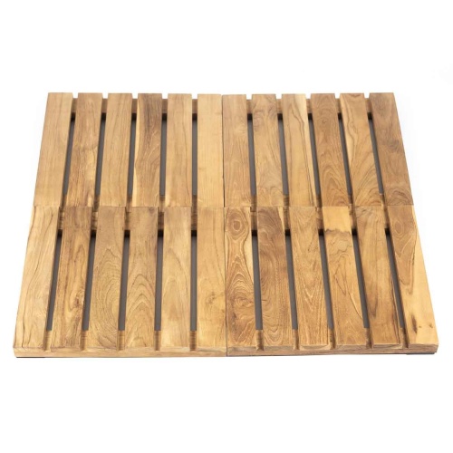 18490 Callebotise Teak Floor Tiles showing 1 carton of 4 teak floor tiles measuring 10 sq ft in angled closeup top view showing pattern and layout in basket weave pattern on white background  
