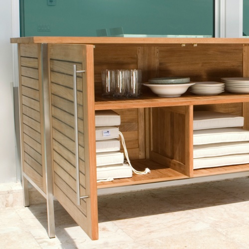 28225 Vogue Sideboard angled view showing both doors open with dishes and cushions on shelves