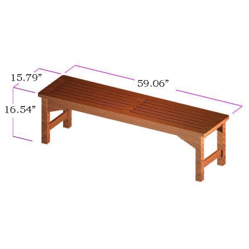 13929 Veranda 5 ft Teak Backless Bench showing autocad of side angled view on white background