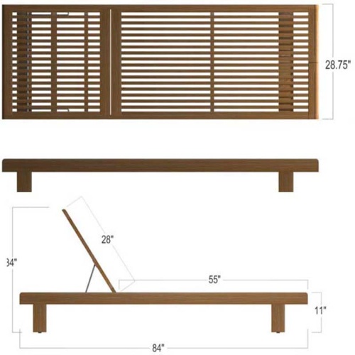 70308 Horizon teak chaise teak frame autocad showing aerial view and side profile and with backrest upright on white background