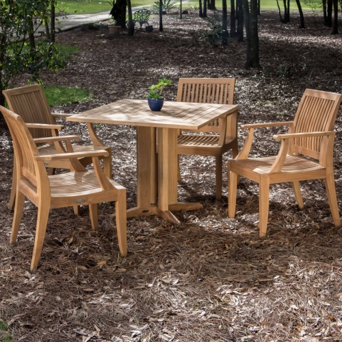 70417 Laguna Pyramid teak 5 piece Dining Set with potted plant in table center showing side angled view on brown mulch with trees in background