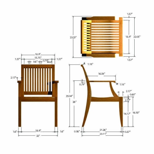 12810 Laguna Teak Dining Armchair showing autocad of chair seat and front view and side view on white background