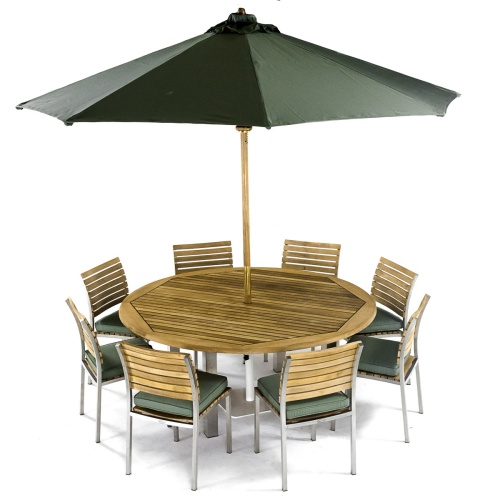 25015 Vogue teak and stainless steel round table showing optional teak lazy susan in umbrella hole in side angled view on white background