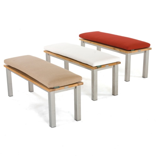 23940  Vogue Teak and Stainless Steel 4 ft Backless Bench showing 3 in different color cushions in angled end view on white background