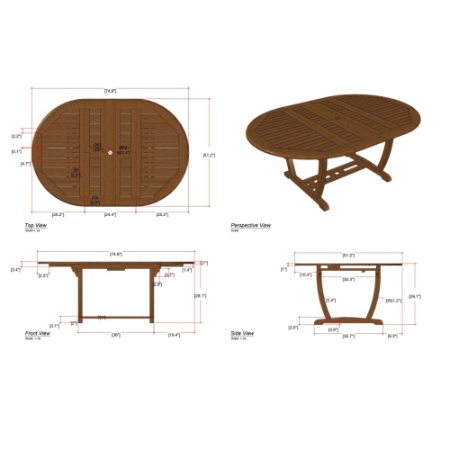 15548 Martinique Teak Extension Table showing autocad of table top and angled top and side view and end view on white background