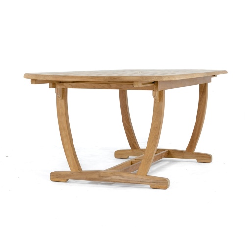 15504 Montserrat Teak Oval Table angled showing double butterfly leaf extensions partially extended in V position in storage area on white background