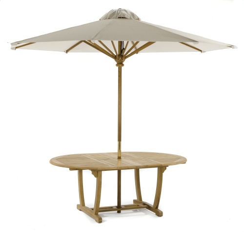 15548 Martinique teak extension Oval Dining Table in extended position showing closeup view of butterfly leaves in V on white background