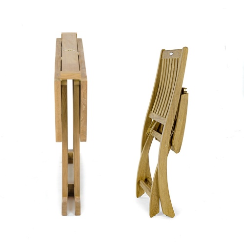 70039 Nevis Barbuda Folding Teak Table and chair in end views on white background