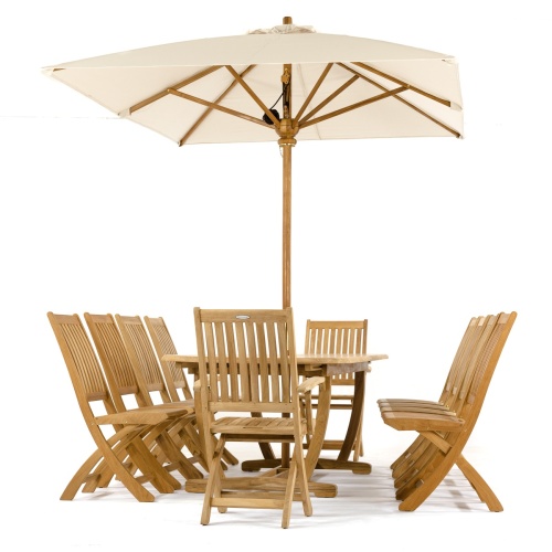 70050 Montserrat Barbuda 11 piece oval teak dining set in end view with optional opened umbrella on white background