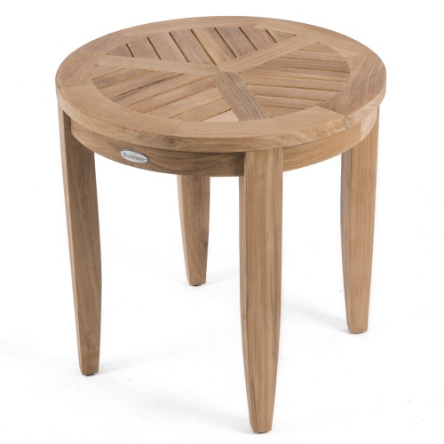 18652 Laguna 22 inch Teak Ottoman with cushion in angled side view on white background