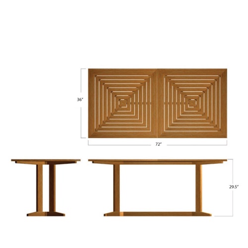 15816 Pyramid Teak 6 ft Table showing autocad of table top and end view and side view on white background