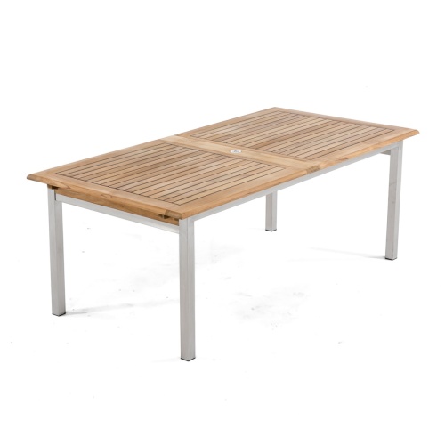 25025 Vogue Teak and Stainless Steel Rectangular Extension Table in angled side view on white background