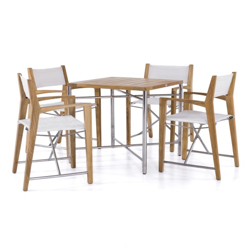  25815 Odyssey teak and stainless steel folding dining table in Marine Grade finish folded flat on white background
