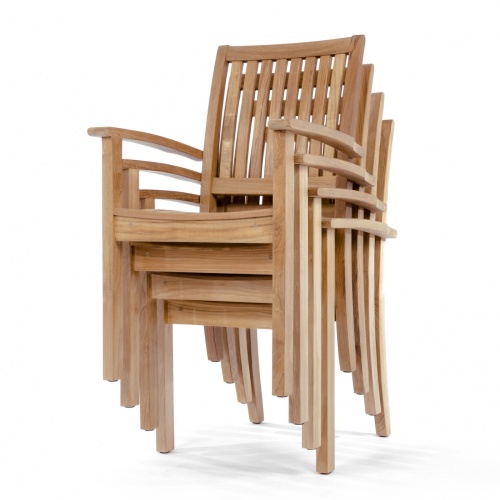 12196 Sussex Teak Dining Arm Chair in front angled view stacked 4 high on white background