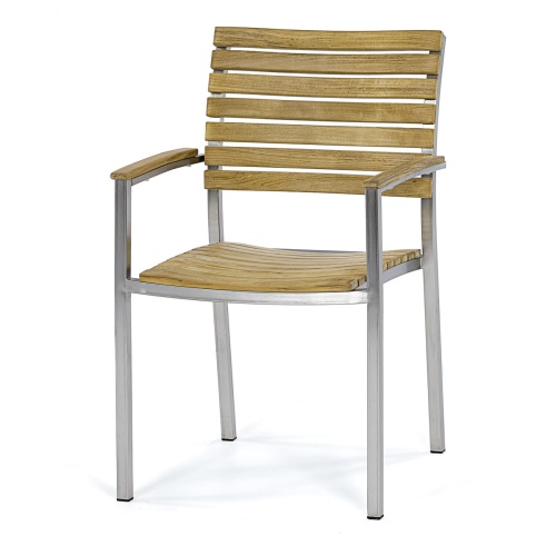 22007 Vogue Teak and Stainless Steel Stacking Chair in angled front view on white background