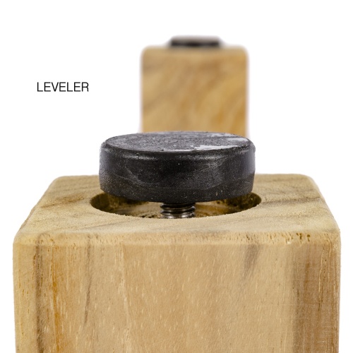 70862 Buckingham teak 6ft curved bench bottom leg showing closeup of leveler on white background