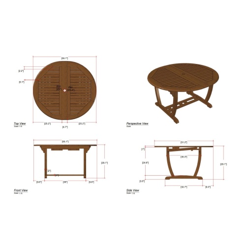 15548 Martinique Teak Extension Table showing autocad of table top and angled top and side view and end view on white background