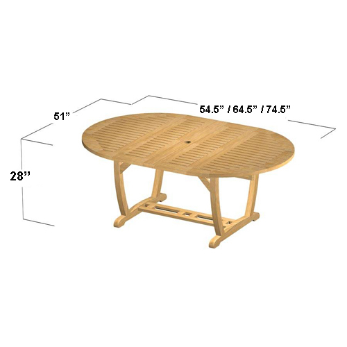 15548 Martinique teak extension Oval Dining Table in angled side view with optional opened umbrella in table center on white background