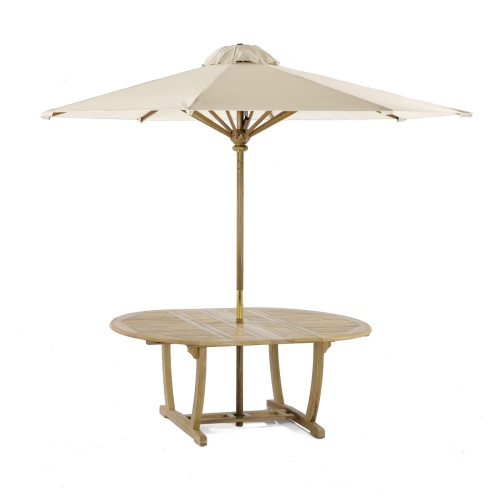15548 Martinique Teak Table with optional opened umbrella in aerial side view on white background