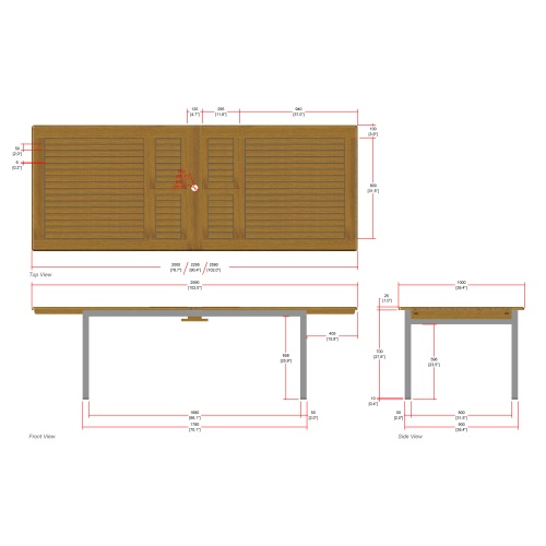 25025 Vogue Teak and Stainless Steel Rectangular Extension Table showing autocad of table top and side view and end view on white background