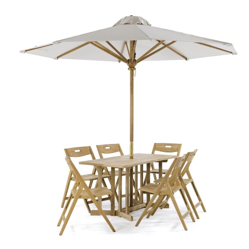 70472 Surf Nevis Teak 7 pc Dining Set of Nevis Dining Table with optional opened umbrella and 6 Surf Folding Chairs in side view on white background