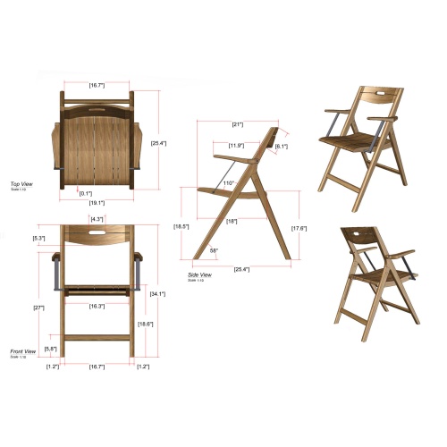 12916 Surf Marine Grade teak armchair showing autocad on white background