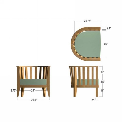 12170DP Kafelonia teak Barrel Chair with cushions showing autocad of chair seat and front and side views on white background