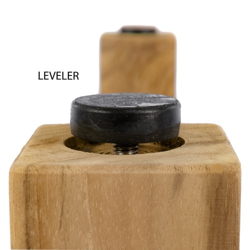 15548 Martinique Teak Extension Table bottom leg showing closeup of leveler on white background