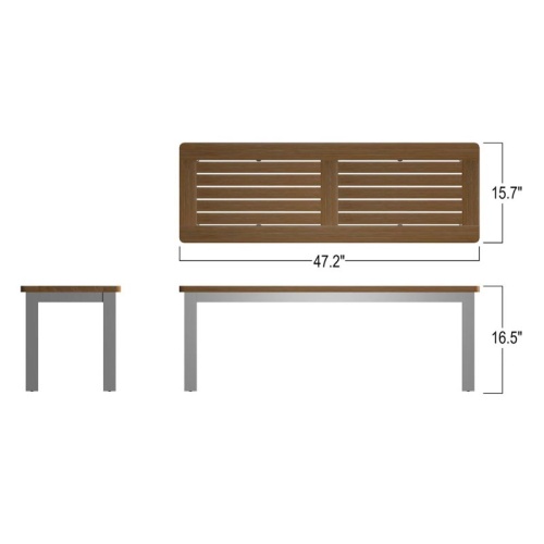 23940  Vogue Teak and Stainless Steel 4 ft Backless Bench showing autocad of bench seat and end view and side view on white background