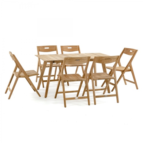 15917 Surf Teak Dining Table shown with 6 Surf Chairs in angled side view on white background