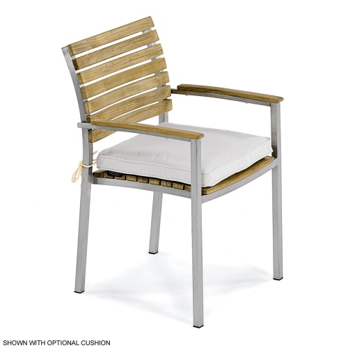 22007 Vogue Teak and Stainless Steel Stacking Chair with seat cushion in side angled view on white background