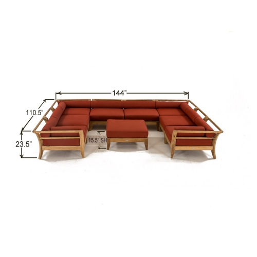 70282 Aman Dais 9 pc teak Daybed Sectional Set showing autocad of angle front view on a white background