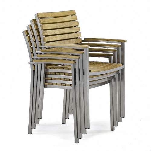 22007 Vogue Teak and Stainless Steel Stacking Chair stacked 4 high in side angled view on white background