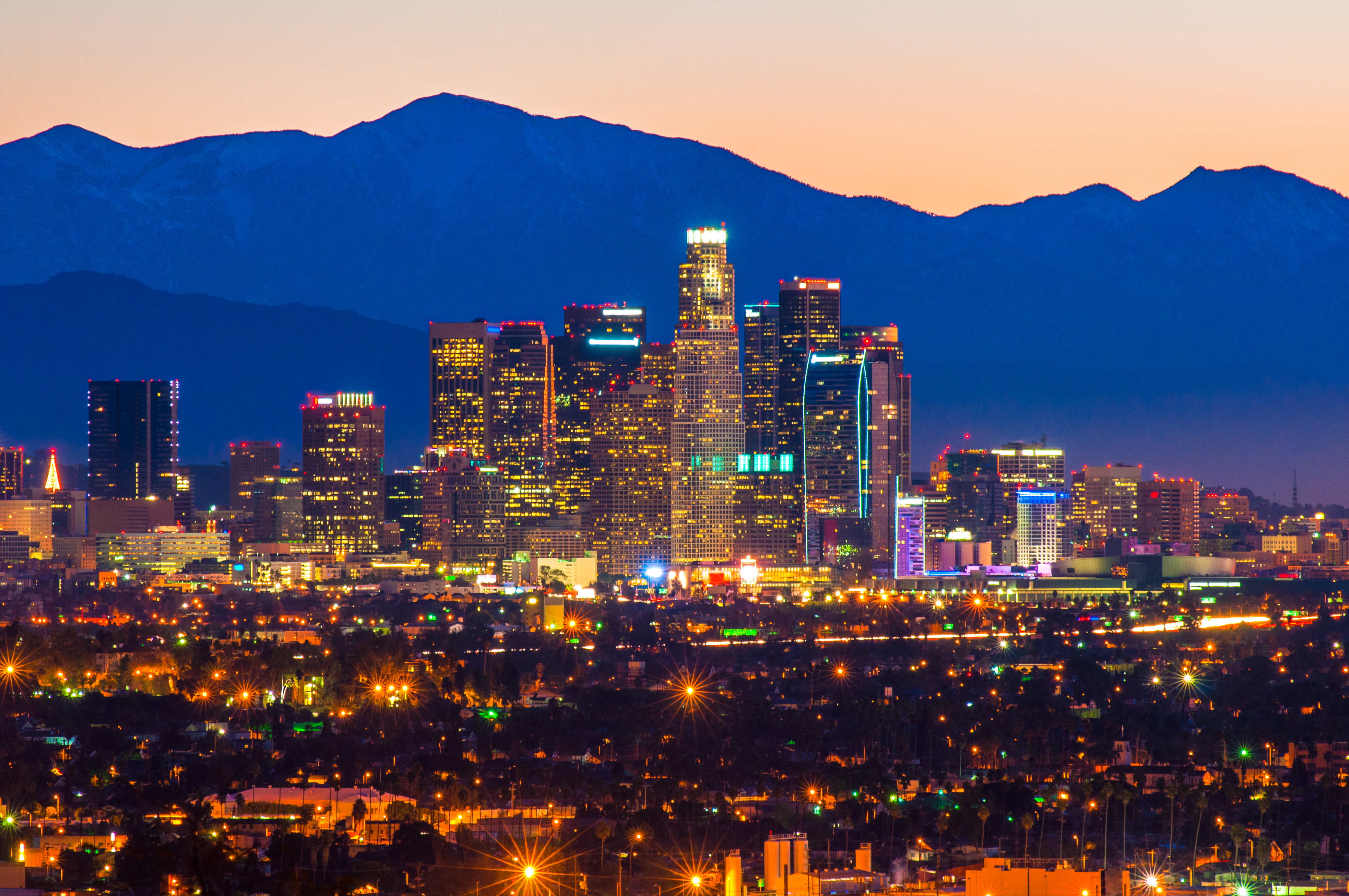 Downtown Los Angeles with US Bank rising above the rest of the buildings at night
