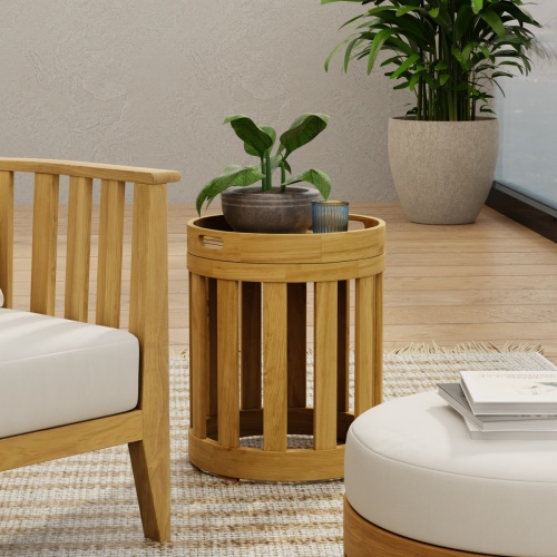 Kafelonia Round Teak Side Table with Serving Tray - Picture A